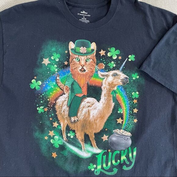 St Patrick’s Day Cat Llama Unicorn Short Sleeve Tshirt XL - Picture 1 of 4